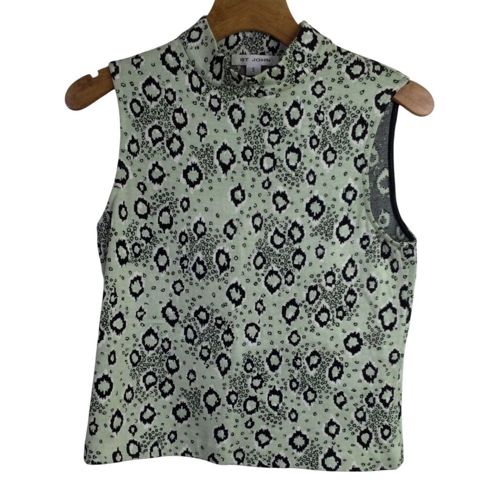 St. John Womens Mock-Neck Knit Sweater Snake Print Light Green Black Size S
